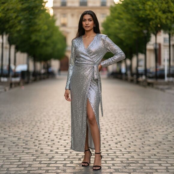 Women's Dresses Evening Designer Halston Heritage V Neck Long Wrap Sequin Dress - Picture 2 of 10